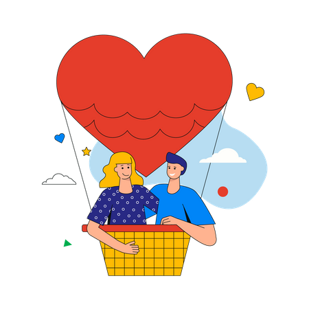 Loving man and woman is flying on hot air balloon  Illustration