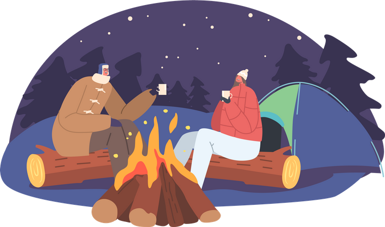 Loving Man and Woman Relax in Winter Camping with Tent and Bonfire  Illustration