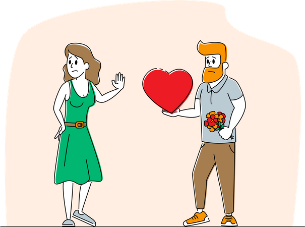 Loving Man Giving Heart to Woman Rejecting his Feelings Saying No Illustration