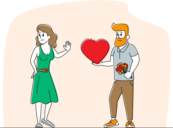 Loving Man Giving Heart to Woman Rejecting his Feelings Saying No  Illustration