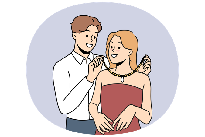 사랑하는 남자가 파티 준비를 돕기 위해 여자친구의 목에 귀중한 목걸이를 걸어준다  일러스트레이션