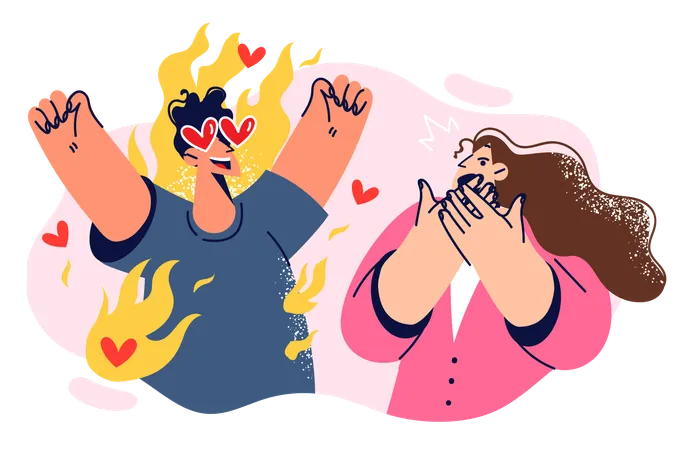 Loving Man Scares Woman With Excessive Excitement And Emotionality Standing Among Flames Shocked Girl Experiences Stress From Unexpected Actions Of Loving Boyfriend Demonstrating Romantic Attitude Illustration