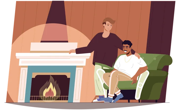 Happy LGBT Family Concept Loving Men Sitting By Fireplace At Living Room Relax At Home Multiracial Homosexual Couple Gay Relationship Daily Life Vector Illustration Of People In Flat Design Illustration
