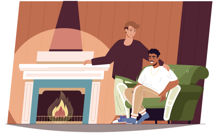 Loving men sitting by fireplace at living room  Illustration