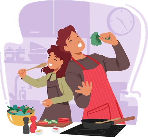 Loving Mother And Her Excited Daughter Happy Family Character Joyfully Cook Side By Side  Illustration