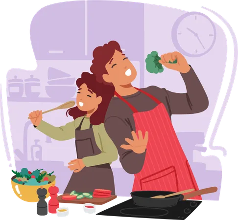Loving Mother And Her Excited Daughter Happy Family Character Joyfully Cook Side By Side  Illustration