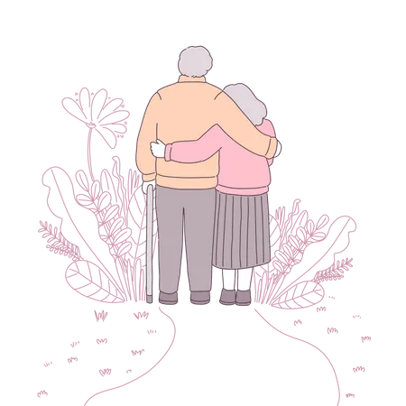 Two Grandparents Wearing Long Sleeves Walked Together In A Flower Garden Illustration