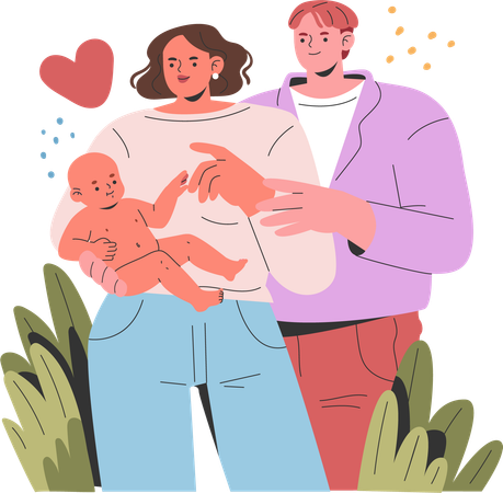 Loving Parents Cradling Newborn Baby In Hands  Illustration