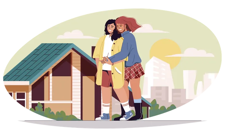 Happy LGBT Family Concept Loving Women Walking Street Hugging And Communicate Spend Time Together Diverse Couple Lesbian Relationship Daily Life Vector Illustration Of People In Flat Design 일러스트레이션