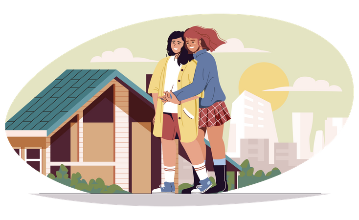 Loving women walking and hugging  Illustration