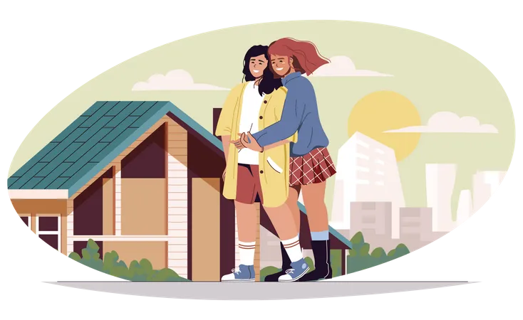 Loving women walking and hugging  Illustration