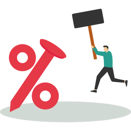 The Low Interest Rate Federal Reserve The Central Bank With Zero Percent Interest Rates Long Until The Economic Recovery FED Business Leaders Used The Hammer To Nail The Percentage Mark To The Floor Illustration