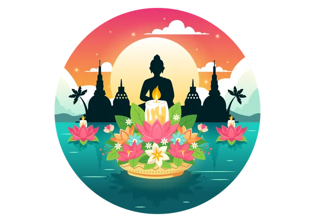 Loy Krathong Vector Illustration Of Festival Celebration In Thailand With Lanterns And Krathongs Floating On Water Design In Flat Cartoon Background Illustration