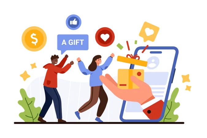 Loyalty Program Bonuses Giveaway Hand Giving Gift Box To Happy Tiny People From Mobile Phone Screen Share Incentive Rewards And Benefits For Man And Woman Customers Cartoon Vector Illustration Illustration
