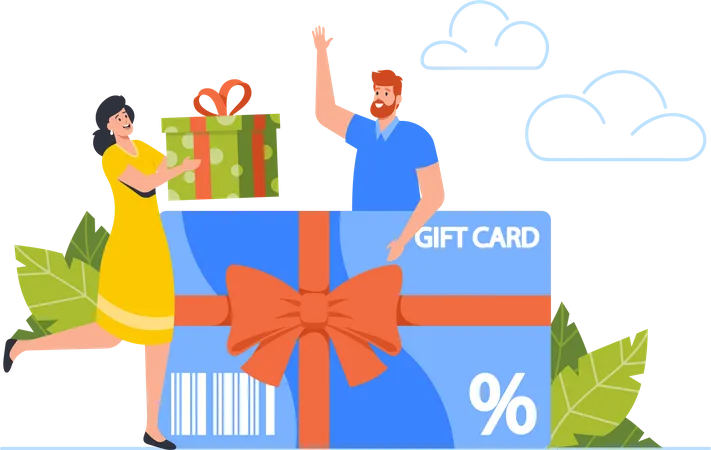 Customers Gift Card Woman Giving Giftbox To Male Character Festive Sale And Shopping Promotion Offer Bonus System People Using Coupon For Buying Presents And Goods Cartoon Vector Illustration Illustration