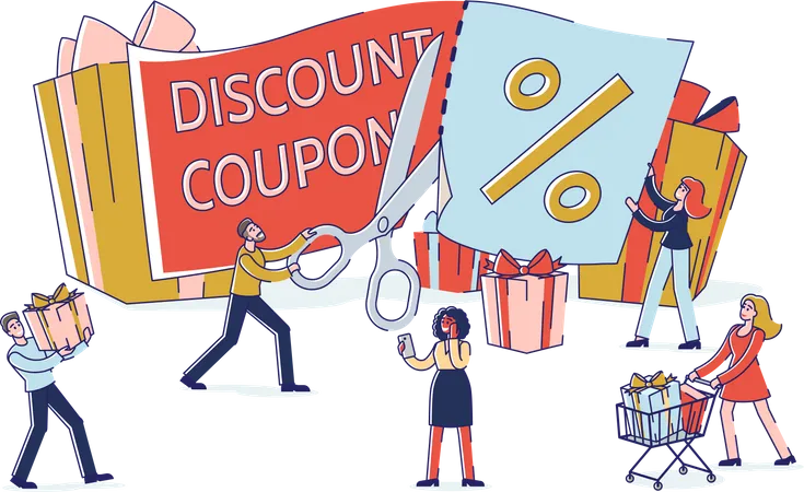 Concept Of Loyalty Program Customer Service People Make Shopping Using Discount Coupon Characters Buy Things And Presents For Holidays With Discount Cartoon Outline Linear Vector Illustration 일러스트레이션