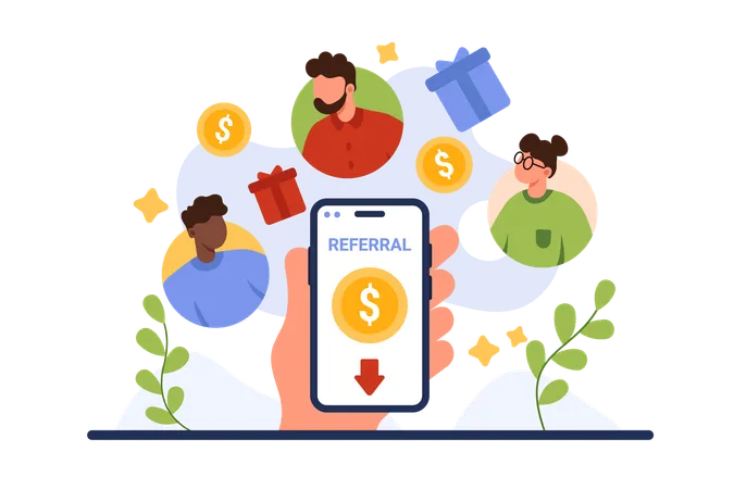 Loyalty Program Invite Friend Deal Partnership And Bonuses To Earn Money Hand Of Influencer Holding Phone With Referral Text And Gold Coin Faces Of People And Gifts Cartoon Vector Illustration イラスト