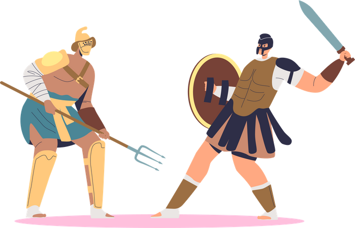 Lucha de gladiadores con bárbaros en la arena.  Ilustración