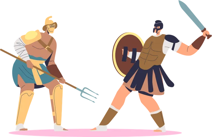 Lucha de gladiadores con bárbaros en la arena.  Ilustración