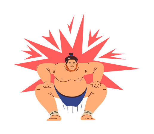 Luchador de sumo de pie en posición agachada  Ilustración