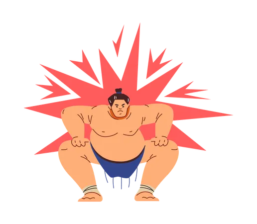 Luchador de sumo de pie en posición agachada  Ilustración