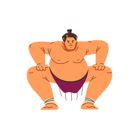 Luchador de sumo enojado de pie en posición agachada  Ilustración