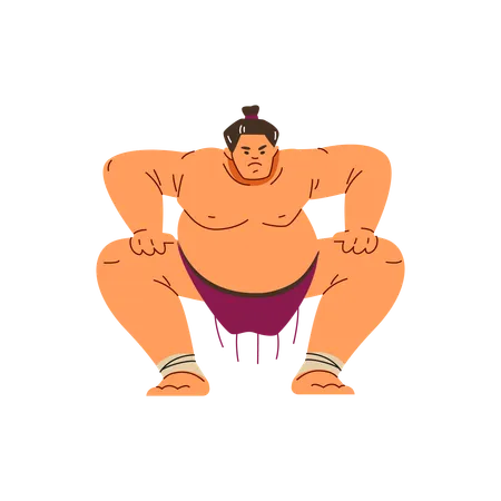 Luchador de sumo enojado de pie en posición agachada  Ilustración