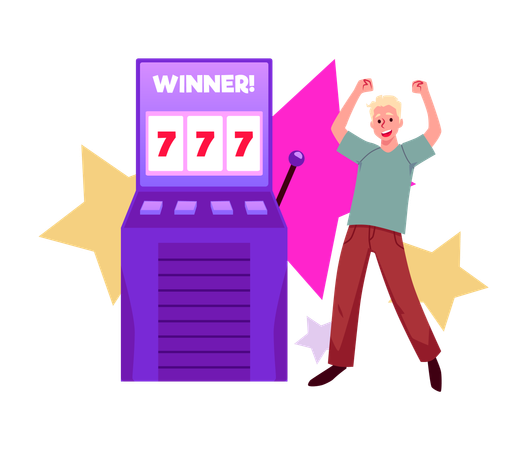 Lucky happy man winning money coins with all sevens spin combination  Illustration