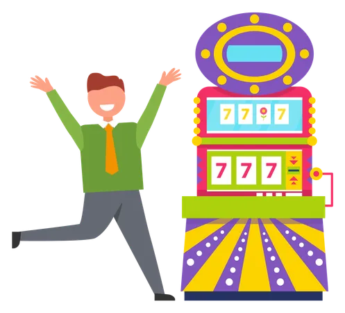Character Happy To Win Money In Casino Vector Gambler Running With Smile On Face Machine Showing 777 On Screen Lucky Sevens Bingo Gambling Hobby Illustration