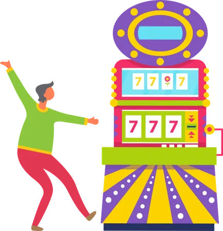 Player Character Winning Colorful Game Machine With 777 Combination Lucky Gambler Standing Near Gambling Equipment Casino Entertainment Luck Vector Illustration