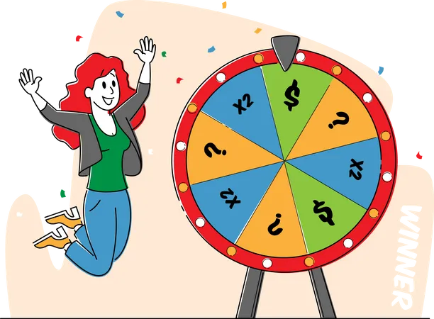 Lucky Woman Character Win Jackpot Bingo Lottery On Fortune Wheel In Casino Or Gaming House Happy Girl Player Rejoice With Hands Up Vegas Nightlife TV Show Draw Raffle Linear Vector Illustration Illustration
