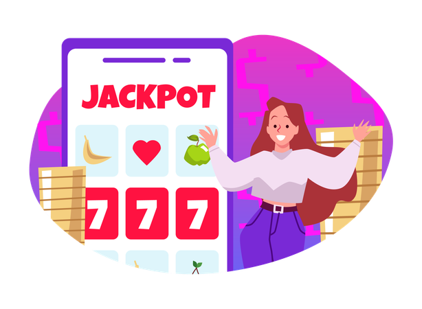 Lucky woman winning money coins with all sevens spin combination  Illustration