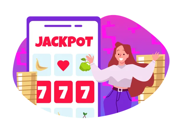 Lucky woman winning money coins with all sevens spin combination  Illustration