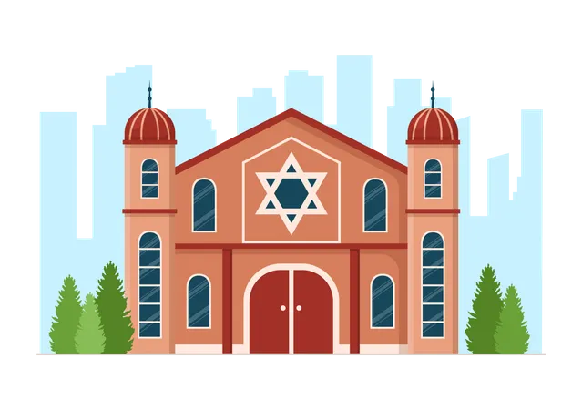 Edificio De Sinagoga O Templo Judio Con Lugar De Culto Religioso Hebreo O Judaismo Y Judio En Plantilla Ilustracion Plana De Dibujos Animados Dibujados A Mano Ilustración