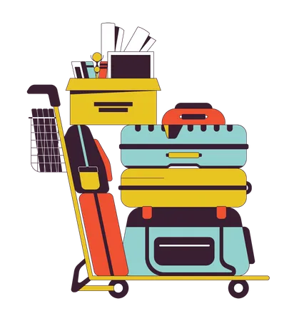 Luggage Cart With Stack Of Belongings Flat Line Color Isolated Vector Object Moving Relocation Editable Clip Art Image On White Background Simple Outline Cartoon Spot Illustration For Web Design Illustration