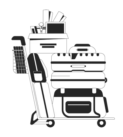 Luggage Cart With Stack Of Belongings Flat Monochrome Isolated Vector Object Moving Relocation Editable Black And White Line Art Drawing Simple Outline Spot Illustration For Web Graphic Design Illustration