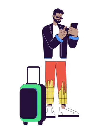 Luggage Traveler Man Scrolling Phone 2 D Linear Cartoon Character African American Guy Isolated Line Vector Person White Background Suitcase Tourist Man Ready Vacation Color Flat Spot Illustration Illustration