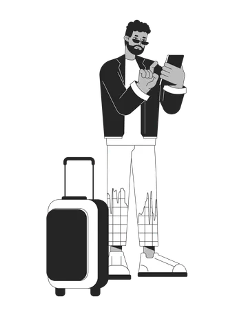 Luggage Traveler Man Scrolling Phone Black And White 2 D Line Cartoon Character African American Guy Isolated Vector Outline Person Suitcase Man Ready Vacation Monochromatic Flat Spot Illustration Illustration