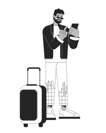 Luggage traveler man scrolling phone  Illustration