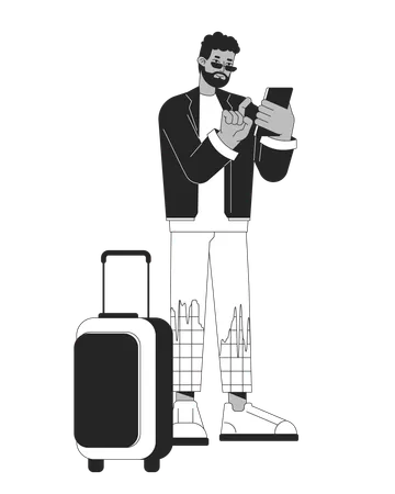 Luggage traveler man scrolling phone  Illustration