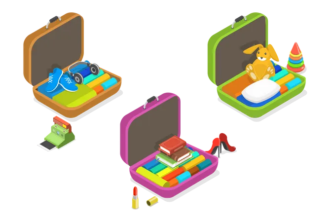 3 D Isometric Flat Vector Set Of Luggages With Personal Belonging Open Suitcases Illustration