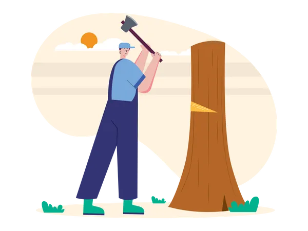 Lumberjack cutting tree Illustration