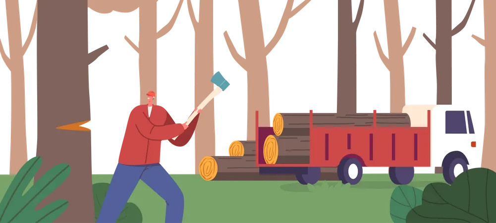 Lumberjack Male Cutting And Harvesting Wood Illustration