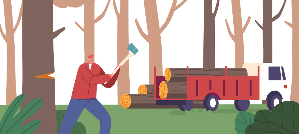 Lumberjack Male Cutting And Harvesting Wood  Illustration