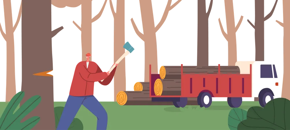 Lumberjack Male Cutting And Harvesting Wood  Illustration