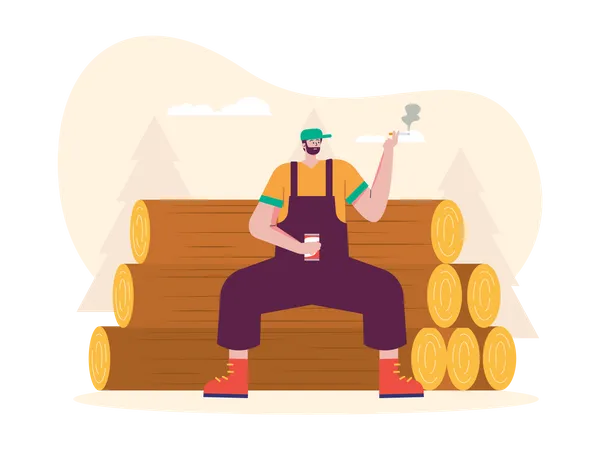 Lumberjack sitting on logs and smoking cigarette Illustration
