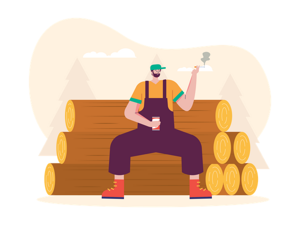 Lumberjack sitting on logs and smoking cigarette  Illustration