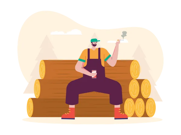 Lumberjack sitting on logs and smoking cigarette  Illustration