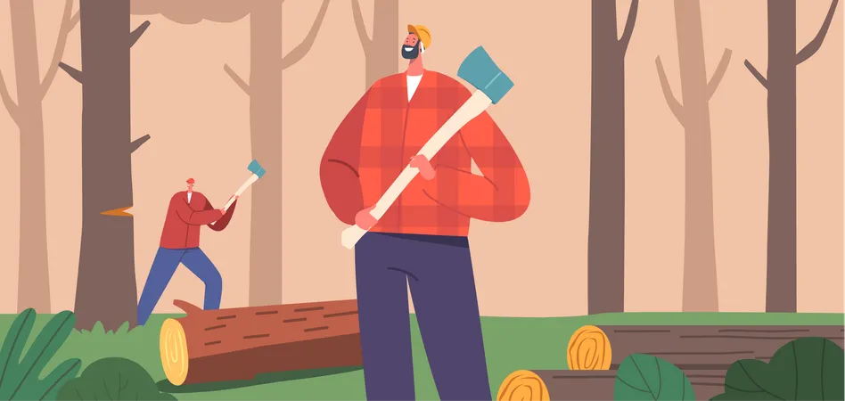 Efficient Lumberjack Team Characters Expertly Cutting Wood Displaying Precision Teamwork And Strength As They Fell Trees And Process Logs For Timber Production Cartoon People Vector Illustration Illustration