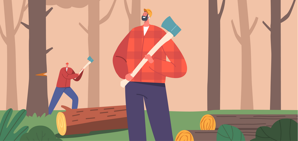 Lumberjack Team Cutting Wood  Illustration